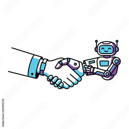A friendly human hand shaking hands with a small cute robot representing the collaboration between artificial intelligence and human beings in modern digital technology
