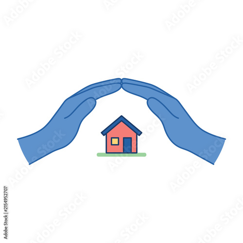 A pair of blue hands forming a protective shelter over a small red house icon representing home insurance safety security and real estate protection concepts