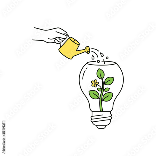 A hand holding a yellow watering can pouring water on a small green plant growing inside a clear glass light bulb icon vector illustration