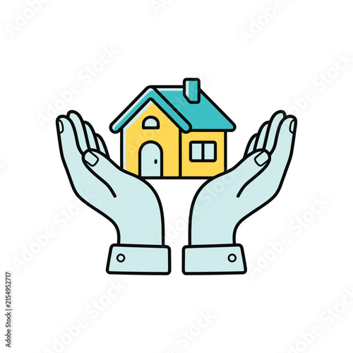 A conceptual illustration showing two hands gently cupping and protecting a small yellow house representing home insurance security safety and real estate property ownership