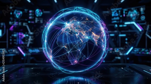 Global network connections visualized on a digital earth in a futuristic control room