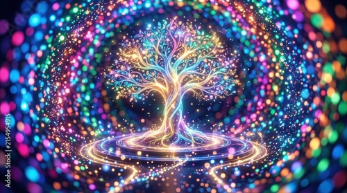 Vibrant glowing tree of life illuminated by colorful bokeh lights on stage