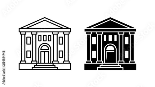 Minimalist bank building icons in outline and solid black styles