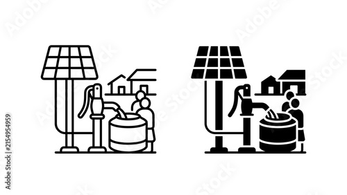 Solar Powered Water Pump Icon Set for Rural Development
