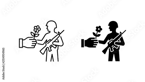 Minimalist soldier receiving a flower icon set