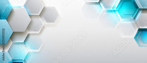 A white background with some hexagons in the style of rim light and layered images in light gray and teal colors representing tenwave and asymmetrical sleek shapes with copy space