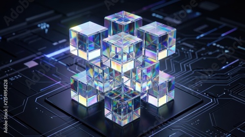 Iridescent glass cubes stacked on a futuristic circuit board