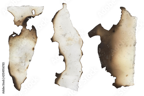 Collection of three damaged burnt paper edges with irregular torn shapes and charred blackened areas isolated on transparent background transparent background