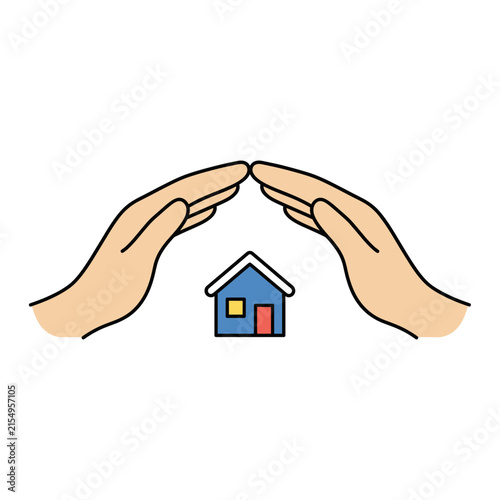 A pair of human hands cupped protectively over a small blue house icon representing the concept of home insurance security and real estate protection