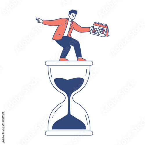 A businessman balancing on top of a large hourglass while holding a calendar representing the concept of time management and meeting strict project deadlines