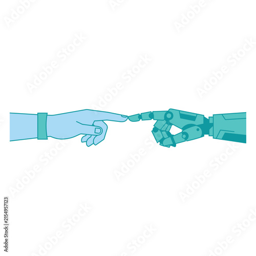 A conceptual illustration showing a human hand reaching out to touch a mechanical robotic hand representing the future connection between technology and humanity