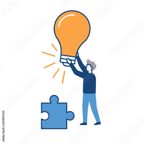 A flat vector illustration of a man holding a glowing light bulb above a puzzle piece representing creative problem solving and finding new ideas