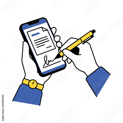 A person using a smartphone to sign a digital document with a stylus pen representing electronic signature technology and modern paperless business office workflow solutions