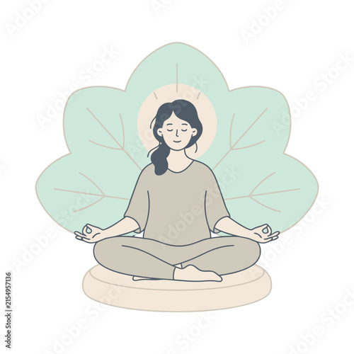 A serene young woman sitting in a lotus position practicing mindful meditation with a stylized leaf background in a soft minimalist flat line art