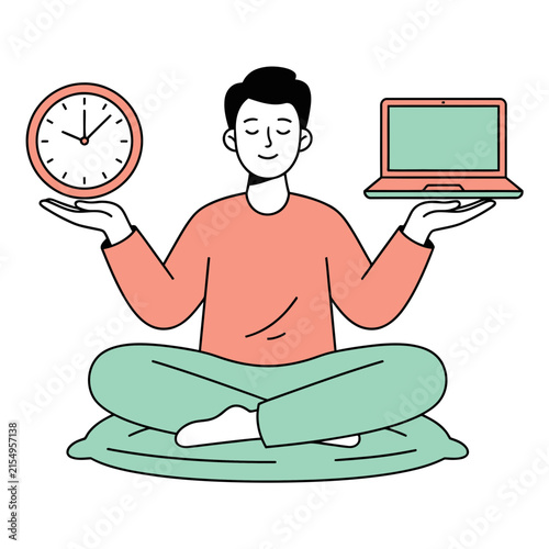 A calm man sitting in a lotus position on a cushion balancing a clock and a laptop representing work life balance and time management