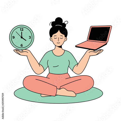 A calm woman sitting in a lotus position while balancing a clock and a laptop representing the perfect harmony between work and personal life