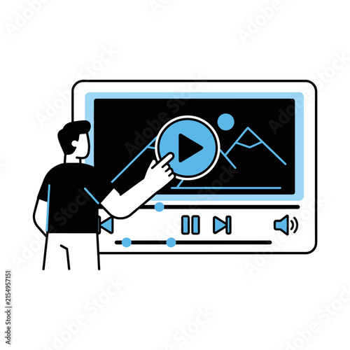 A flat vector illustration of a man interacting with a digital video player interface featuring play buttons and mountain landscape imagery on the screen