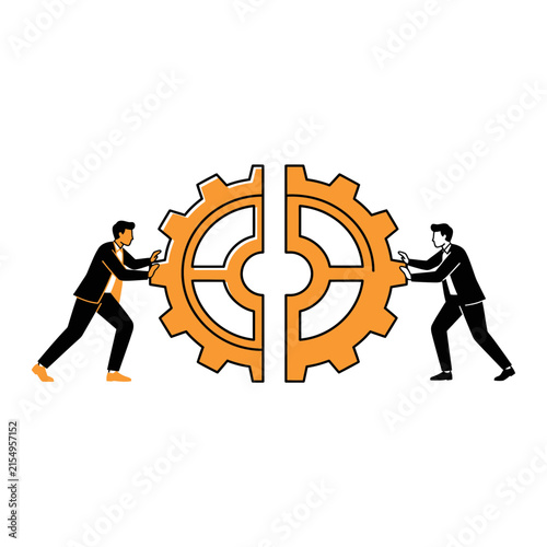 Two businessmen working together to push and connect two halves of a large orange gear representing corporate teamwork and successful business process integration concepts
