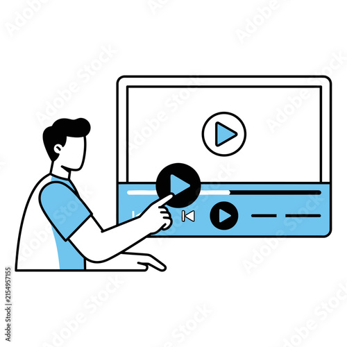 A young man interacting with a digital video player interface on a screen representing online streaming media content consumption and modern digital user experience