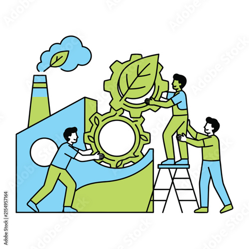 A team of workers installing eco friendly green energy gears onto a factory building to promote sustainable manufacturing and clean industrial production processes concept