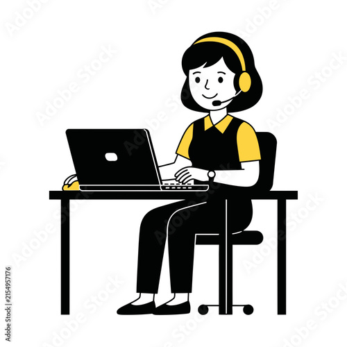 A friendly female customer service representative wearing a headset while working on a laptop computer at her desk in a modern office workspace setting