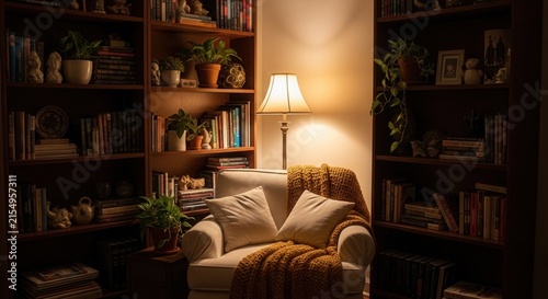 Cozy Reading Nook With Books And Soft Lamp Light