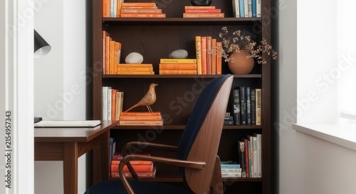 Cozy Reading Nook With Bookshelf And Mid Century Modern Chair