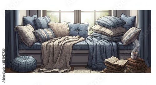 Cozy Reading Nook With Plush Pillows Blankets Books And Steaming Mug