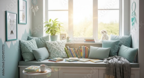 Cozy Reading Nook With Soft Pillows Books And A Small Dog