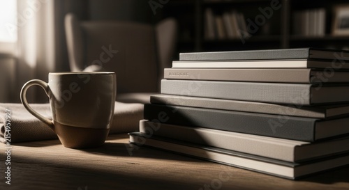 Cozy Reading Nook With Stacked Books And Warm Beverage