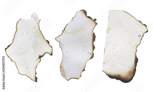 Obraz na płótnie Three individual torn and burnt paper pieces with charred edges isolated on a tr