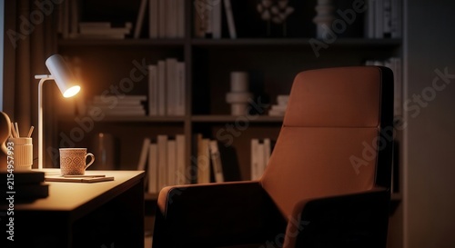 Cozy Home Office Ambiance With Desk Lamp And Armchair