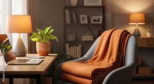 Cozy Home Office Ambiance With Laptop And Comfortable Chair