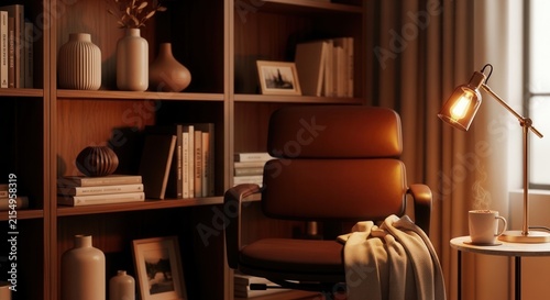 Cozy Reading Nook With Warm Lighting And Bookshelves Full Of Literature