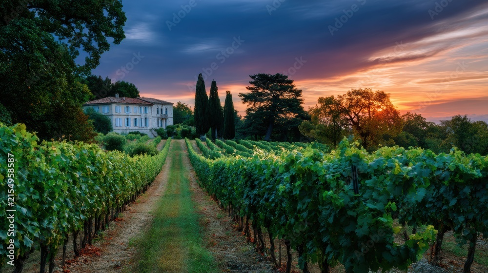 Obraz premium A Stunning Beautiful Vineyard at Sunset, Featuring Lush Grapevines and a Scenic Landscape All Around