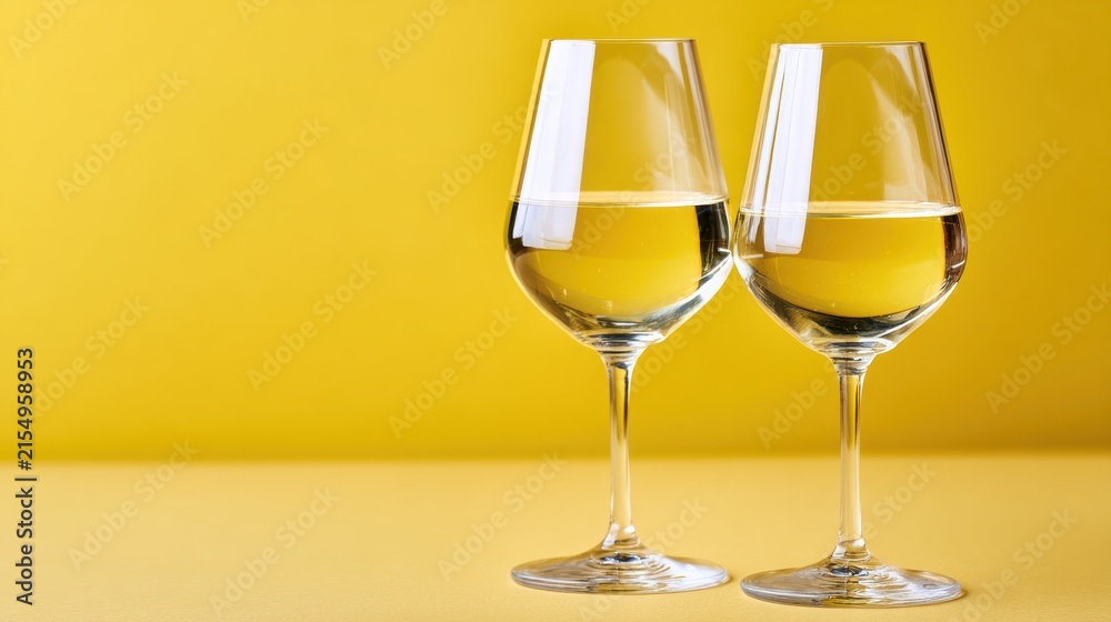 Obraz premium Two elegant wine glasses filled with refreshing white wine are beautifully presented on a bright yellow surface