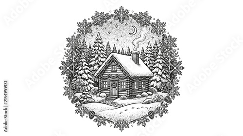 Detailed circular winter cabin engraving with snowy forest.