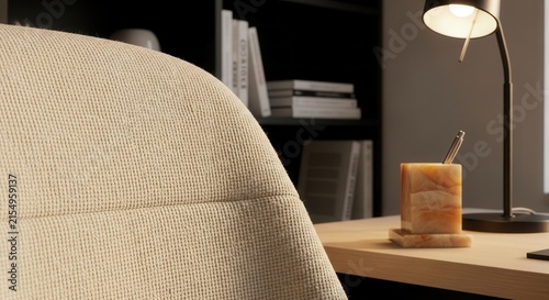 Cozy Home Office Desk Setup With Soft Lighting And Books