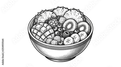 Fresh mixed fruit bowl detailed black white illustration