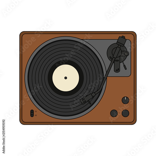 Vintage brown wooden turntable player icon illustration featuring a classic vinyl record design for retro music audio equipment concept