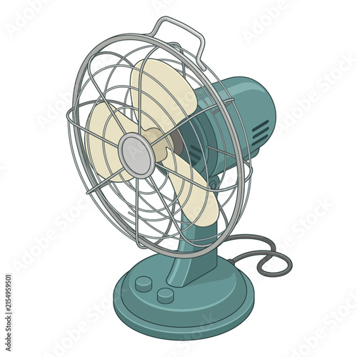 Vintage Teal Electric Desk Fan Isolated on White Background Retro Home Appliance Vector Illustration