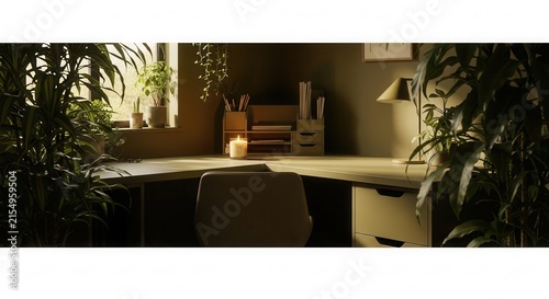 Cozy Home Office Setup With Desk Plants And Candle Light