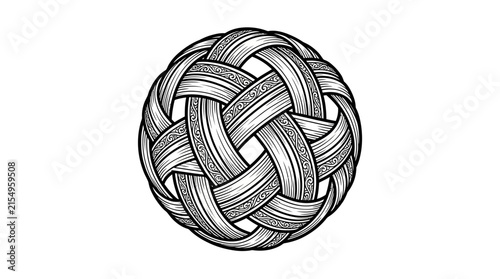 Intricate woven knot ball in vintage stipple style.