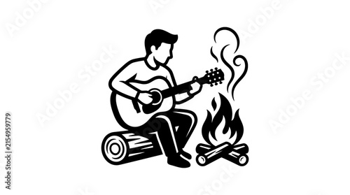 Man playing acoustic guitar by campfire in nature.