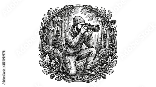 Photographer taking picture inside decorative forest frame.