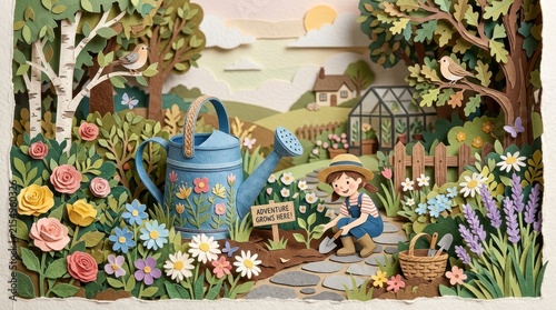 Whimsical paper garden scene with girl planting and watering can