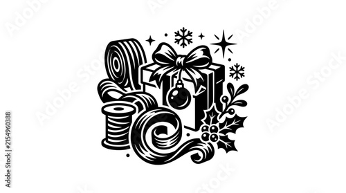 Stylized Christmas gift box with ribbon and holly