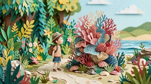 Young explorer discovers vibrant paper coral reef on a sandy path