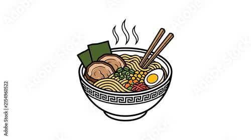 Vibrant color illustration of hot ramen noodle soup.