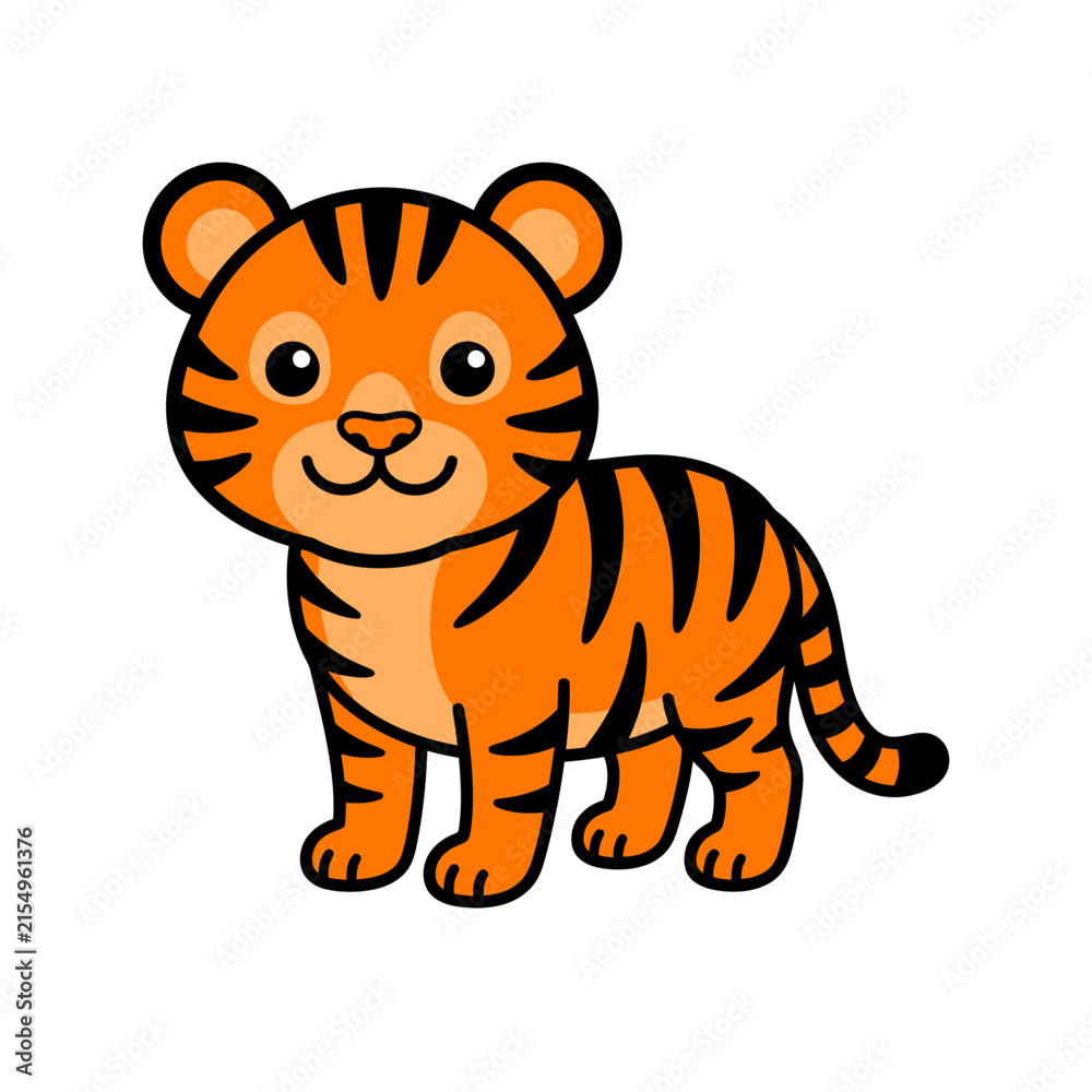 Fototapeta premium Cute cartoon tiger cub standing isolated on a white background vector illustration with predator wildlife illustration character friendly